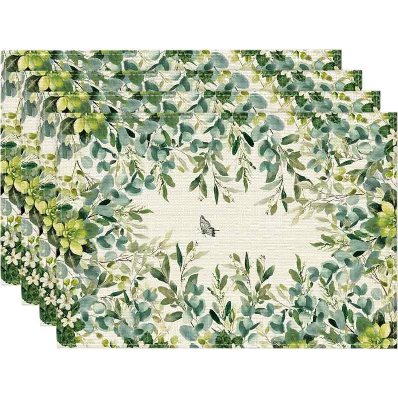 ランチョンマット プレイスマット 長方形 春夏 ユーカリ 蝶 デザイン おしゃれ ポリエステル製 食卓 キッチン ダイニング リビング パーティー 業務用(x4)