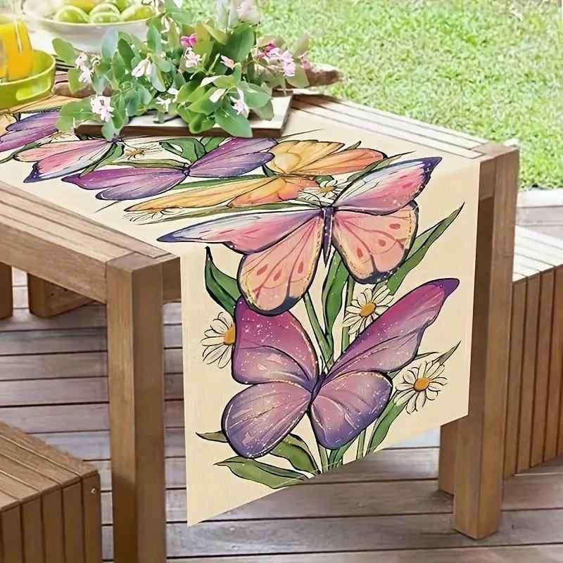 テーブルランナー 春 蝶々柄 花模様 プリント ポリエステル製 リビング 寝室 ダイニング 宴会 パーティ..