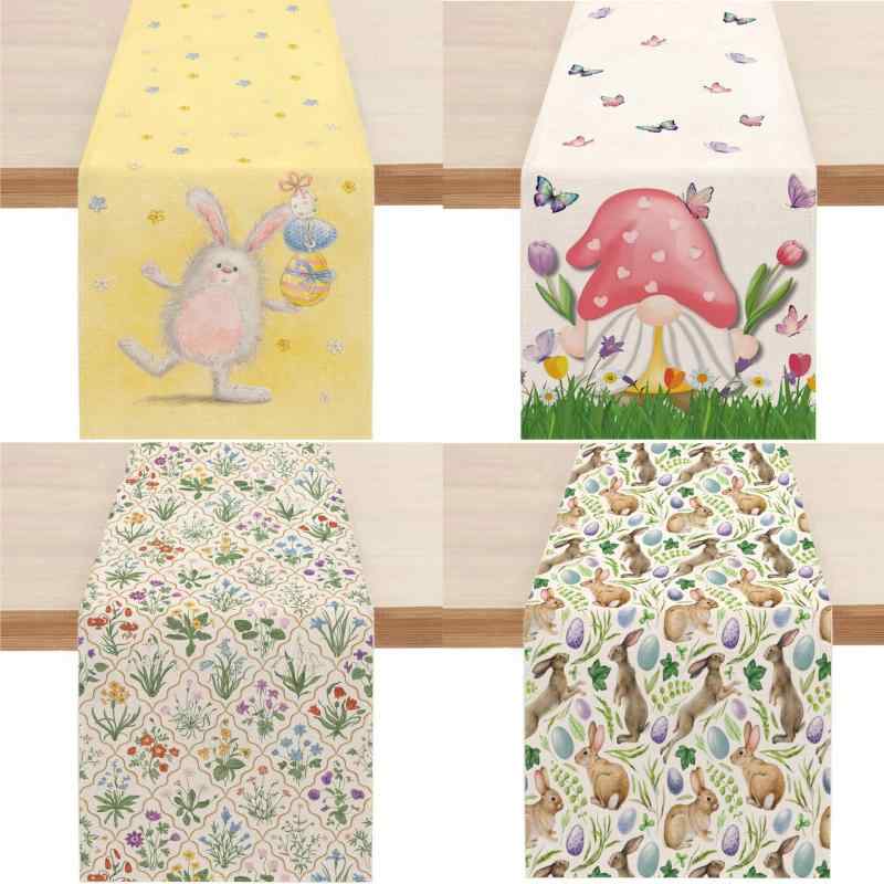 テーブルランナー 春 イースター カートゥン ウサギ柄 花柄 プリント 食卓 ダイニング 装飾 デコレーシ..