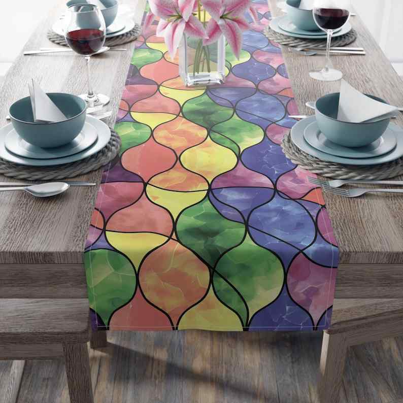 テーブルランナー シンプル モダン カラフル ステンドグラス風 プリント ポリエステル製 リビング ダイ..