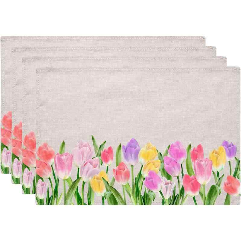 ランチョンマット チューリップ 花柄 リネン 断熱マット 耐熱マット テーブルデコレーション 食卓用 パーティー用 ダイニング リビング 来客用 おもてなし 春夏(x4)