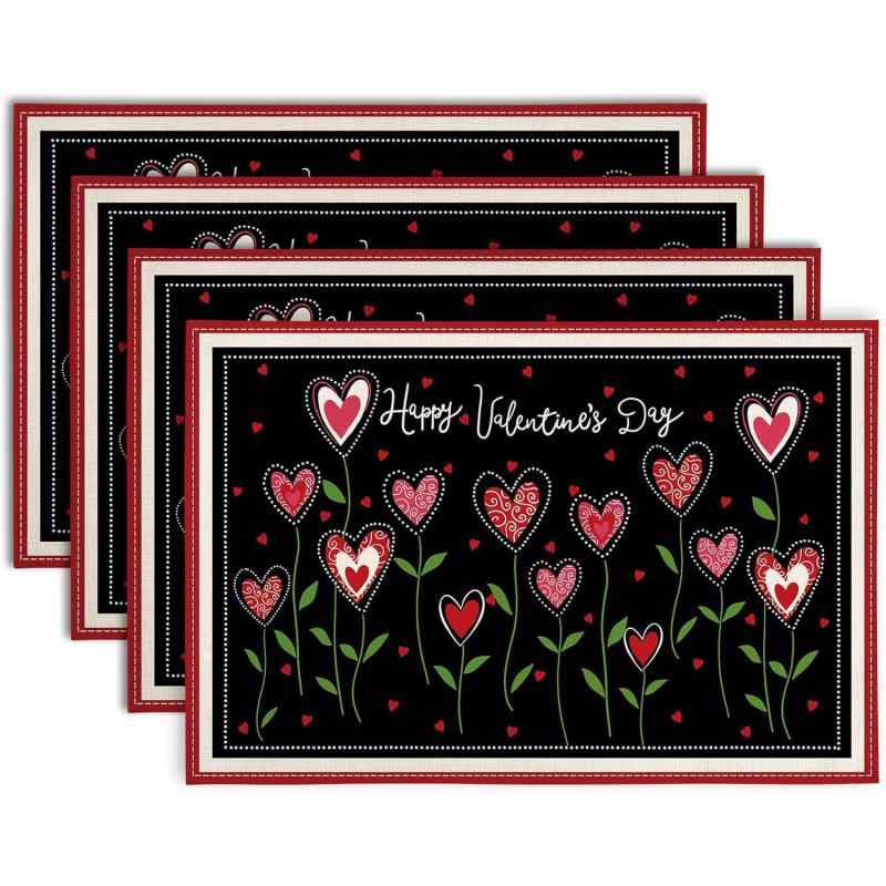 ランチョンマット バレンタインデー キッチン ダイニング リビング 食卓用 ポリエステル 麻調 テーブルデコレーション パーティー イベント 華やか おしゃれ(x4)