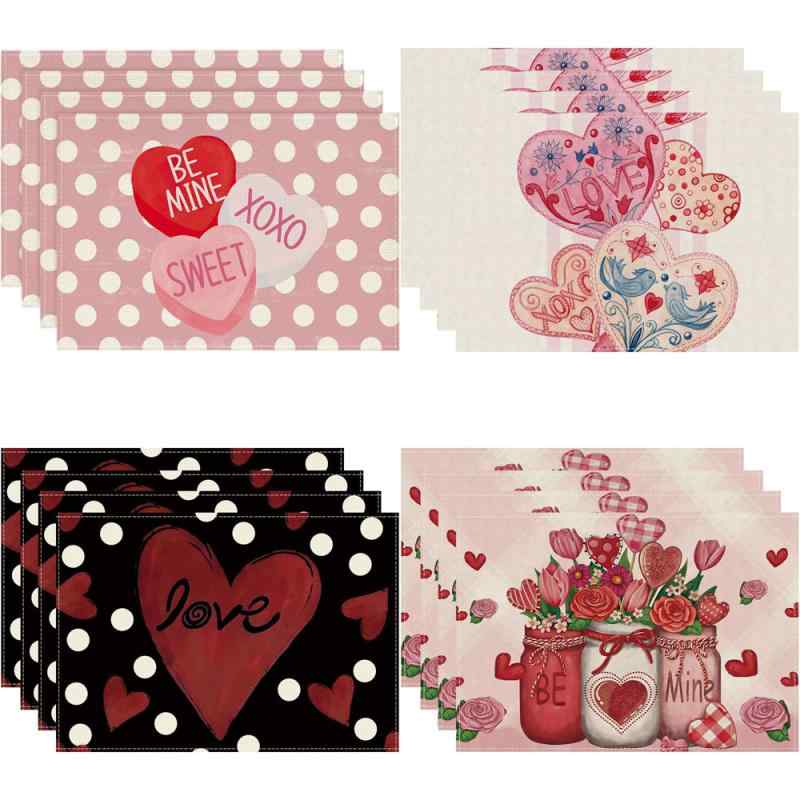 ランチョンマット リネン 麻 正方形 耐熱 食卓 バレンタイン イベント ダイニング テーブルウェア 装飾 プレースマット(x4)