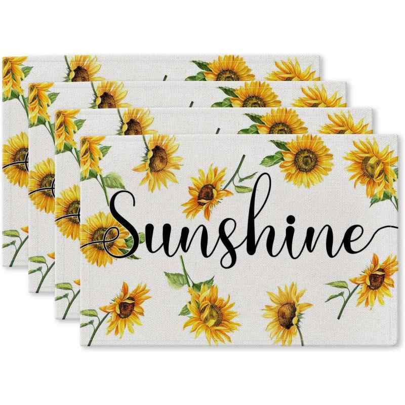 ランチョンマット ひまわり柄 麻風プリント ポリエステル製 モダンデザイン キッチン ダイニング 食卓マット 家庭用 雑貨 夏らしい(x4)