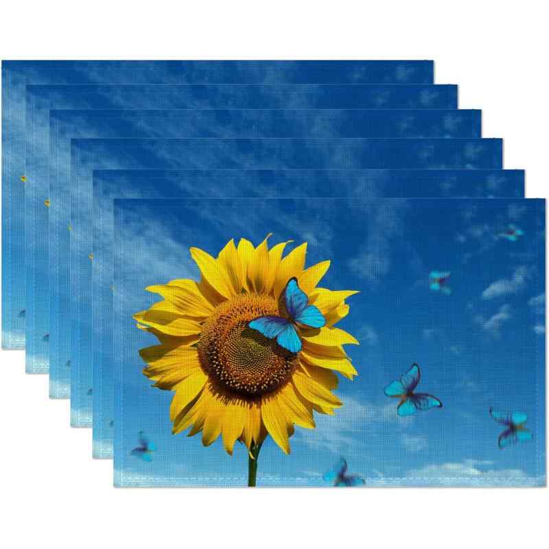 ランチョンマット ひまわり柄 プリント リネン調 ポリエステル製 食卓 ダイニング テーブル用 キッチン用品 インテリア デコレーション 春夏 おしゃれ モダンデザイン(x4)