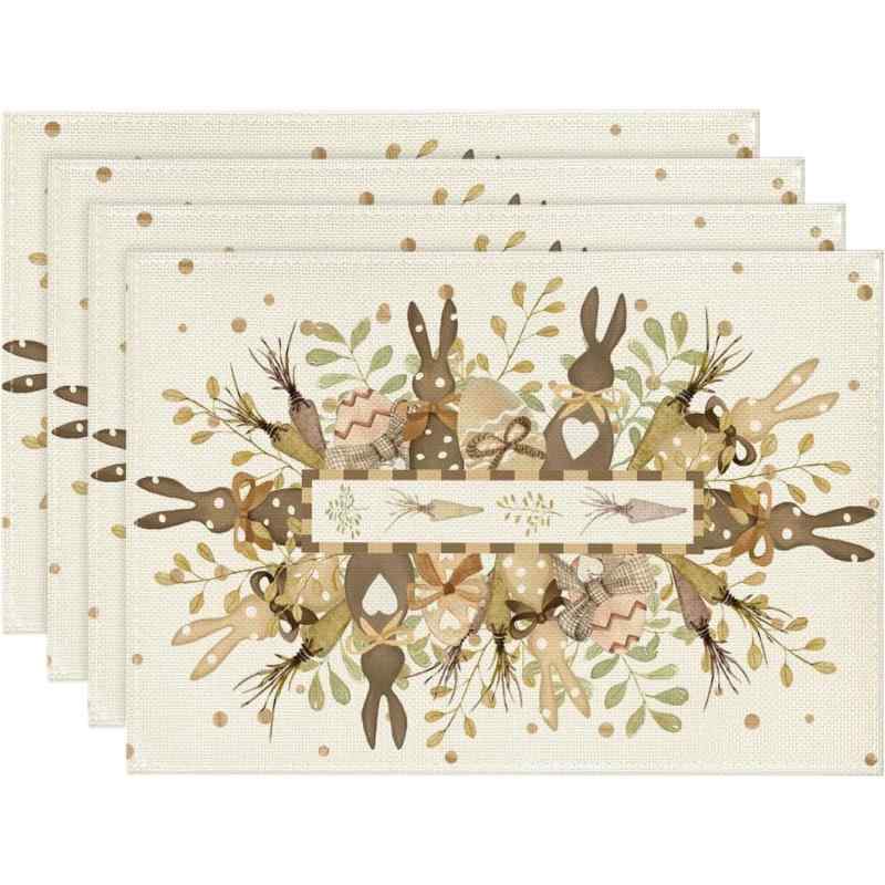 ランチョンマット テーブルマット イースター 春 うさぎ柄 亜麻 ポリエステル パーティー キッチン ダイニング リビング 書斎 業務用 飾り デコレーション(x4)