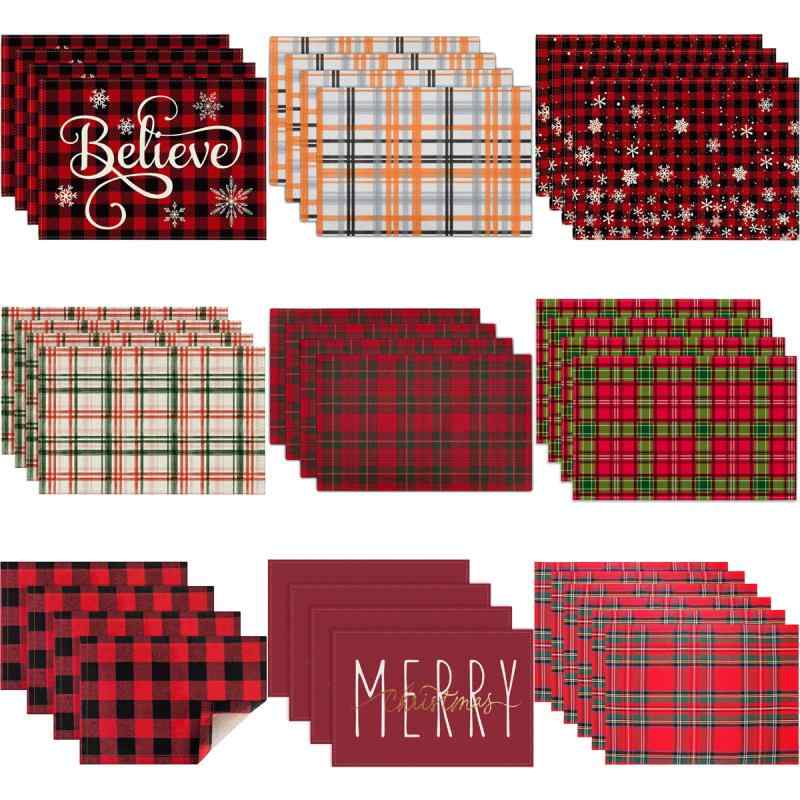 ランチョンマット クリスマス チェック柄 ポリエステル リネン 断熱 プレイスマット テーブルマット 食卓飾り リビング ダイニング アメリカン(x4)