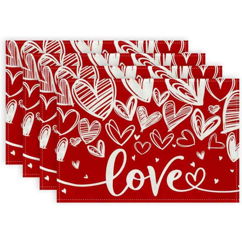 プレースマット バレンタインデー 麻 リネン ポリエステル 断熱 防汚 食卓 ダイニング テーブルマット ランチョンマット カップマット コースター 飾り(x4)