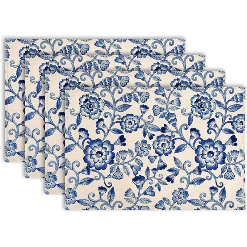 ランチョンマット 中国風 レトロ モダン 青白 花柄 ポリエステル リネン風 滑り止め 耐熱 食卓 キッチン ダイニング リビング 来客用 普段使い(x4)