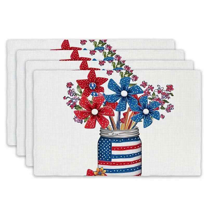 ランチョンマット アメリカン 国旗 花柄 パーティー イベント 食卓 キッチン ダイニング リビング ポリエステル 耐久性 おしゃれ 春夏(x4)