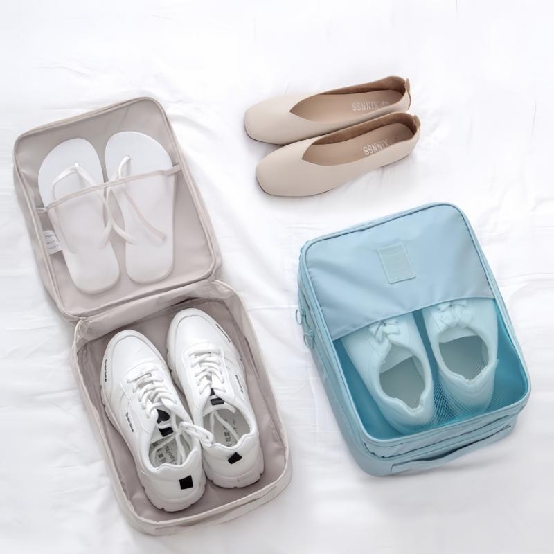 シューズ収納バッグ 旅行 トラベル 出張 防水 撥水 ツイル オックスフォード生地 3層 布製 多機能 携帯用 手提げ キャリーオン キューブ型 シンプル