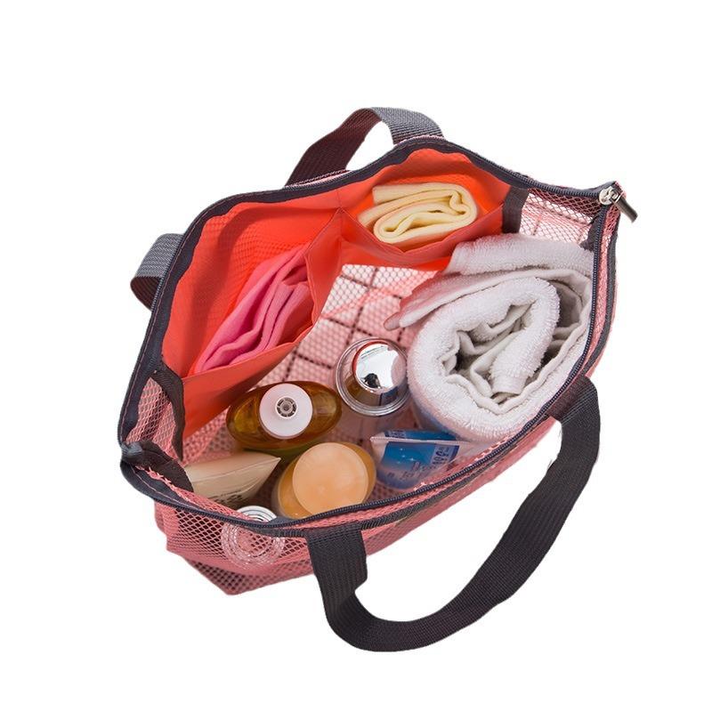 ビーチバッグ メッシュ 手提げ ファスナー 旅行 トラベル 洗面用具 コスメ 化粧品 小物 整理収納 シンプル 軽量 アウトドア グレー ブラック ピンク スカイブルー ネイビー ワインレッド(3)
