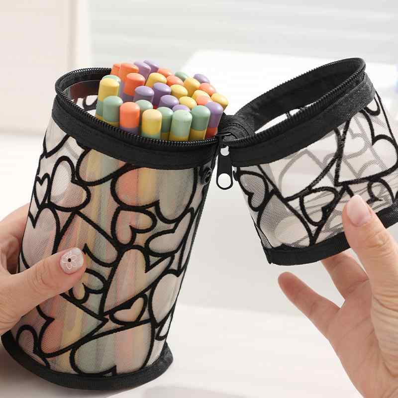 ペンケース 学生 男女兼用 メッシュ ナイロン製 自立型 スタンド式 透明 シースルー 円柱型 大容量 お..