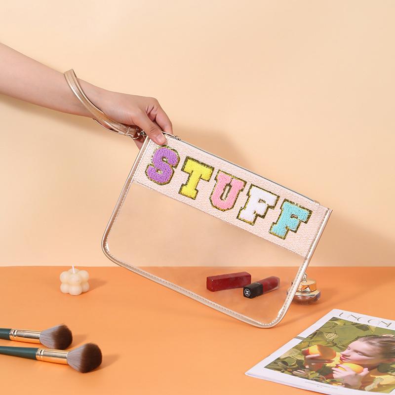 ポーチ レディース ストロー素材 クリア PVC素材 防水 大容量 アルファベット柄 ロゴデザイン 切り替え トラベル コスメ マルチポーチ 小物入れ 収納ケース 普段使い 春夏