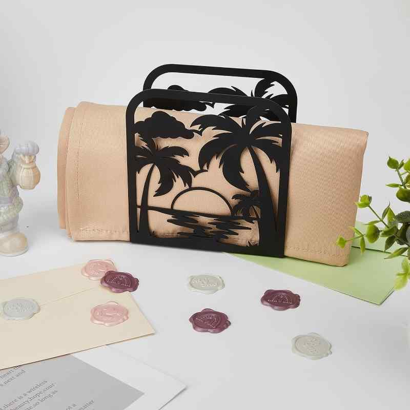 ナプキンスタンド 卓上 テーブル ホルダー アイアン 金属製 ヤシの木 日没デザイン 自立式 ブラック モ..