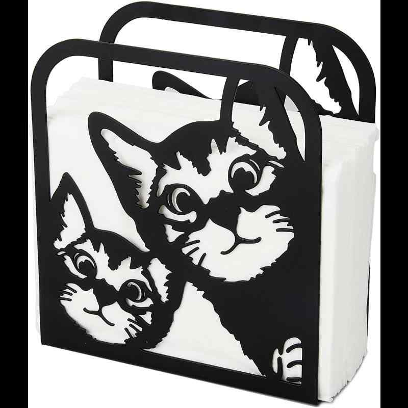 キッチン ペーパーホルダー ナプキンスタンド アイアン製 ブラック 卓上 自立式 スタンド型 猫モチーフ..