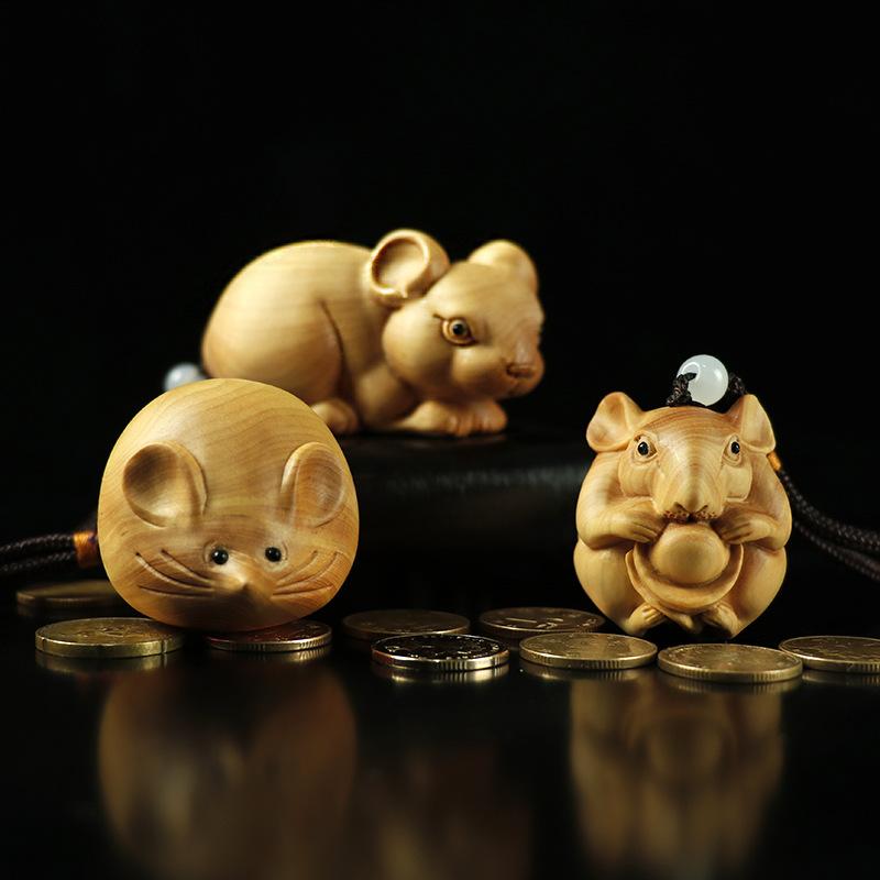 置物 黄楊木彫刻 天然木 手彫り 立体 干支 鼠 中国風 金運 開運 招福 縁起物 インテリア小物 デスク 玄関 リビング かわいい