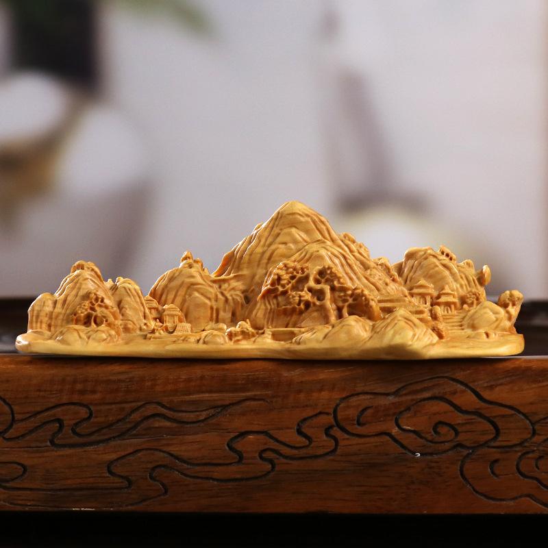 置物 黄楊木 彫刻 千里江山 山水画 筆置き 筆立て 文房具 デスク飾り 手遊び品 天然木 卓上 インテリア オブジェ 工芸品