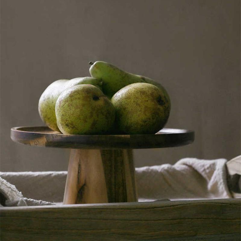 木製プレート 和風 レトロ 家庭用 ホテル カフェ用 おもてなし 脚付き 高台 丸型 シンプル デザート スイーツ フルーツ ドライフルーツ お菓子 盛り付け ディスプレイ お盆 トレー ウッド