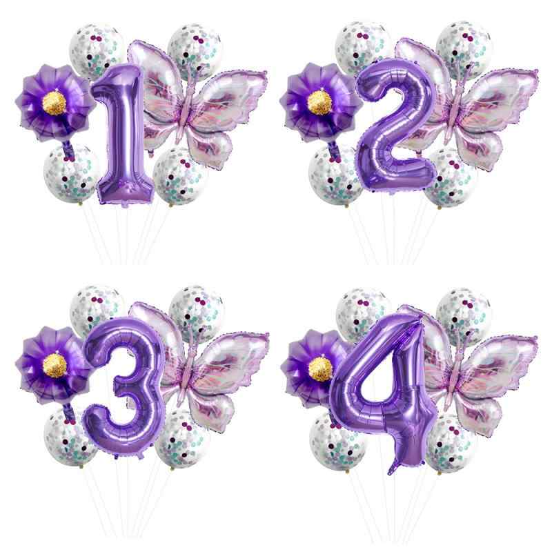 バルーン 風船 ベビー 赤ちゃん 誕生日 バースデー パーティー 飾り付け 紫 メタリック 蝶々 ナンバー フラワー アルミ ラテックス セット デコレーション...