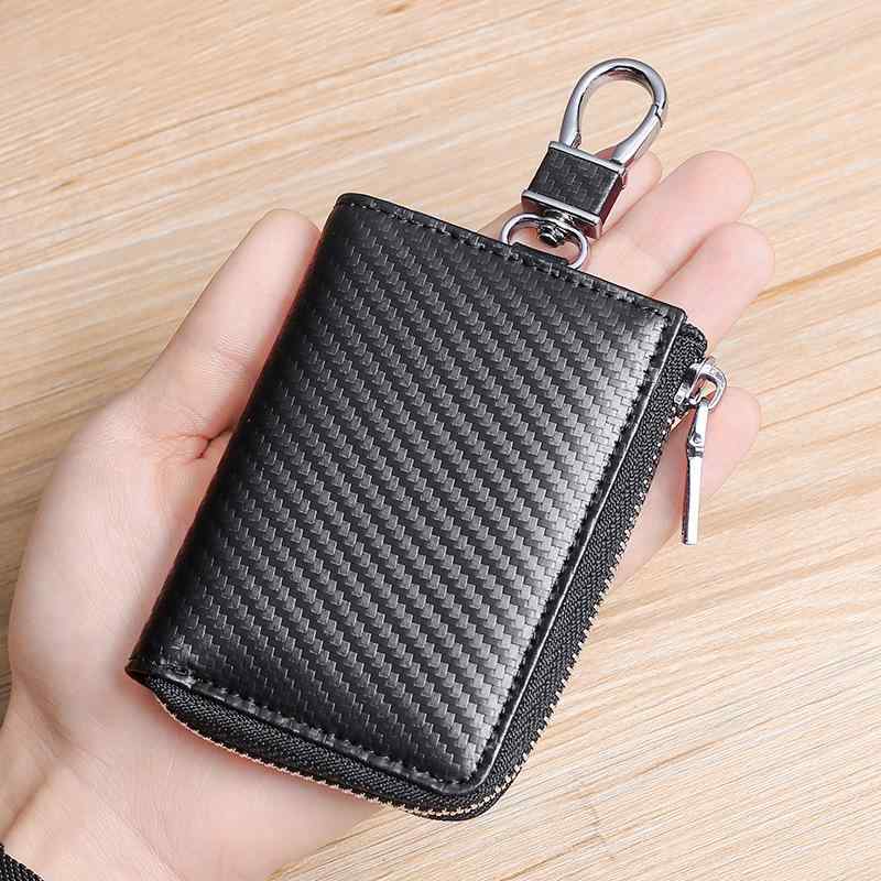 キーケース ユニセックス 本革 牛革 レザー L字ファスナー 多機能 スマートキー収納 カードポケット付き カーボンファイバー柄 バイカラー 縦型 コンパクト スリム ミニマル