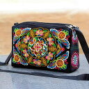ショルダーバッグ レディース 女性用 エスニック アジアンテイスト 両面刺繍 花柄 ミニ コンパクト キャンバス ポリエステル スクエア型 斜め掛け 肩掛け スマホ収納 普段使い デイリーユース 軽量 ファスナー開閉 内ポケット