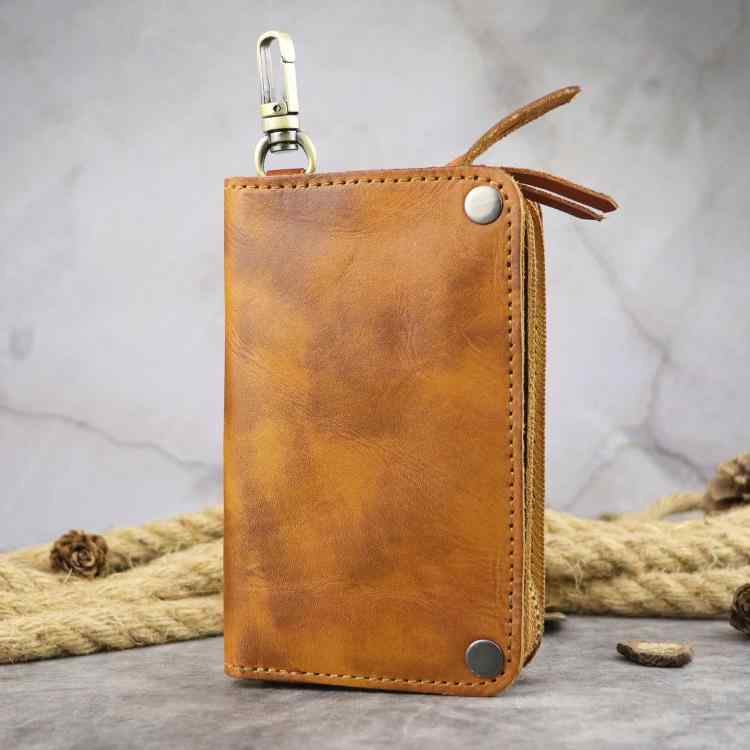 キーケース メンズ 本革 牛革 植物タンニンなめし革 経年変化 多機能 車の鍵 家の鍵 免許証入れ カードケース 一体型収納 縦型 スクエア ファスナー開閉 やや硬め ブラック ブラウン