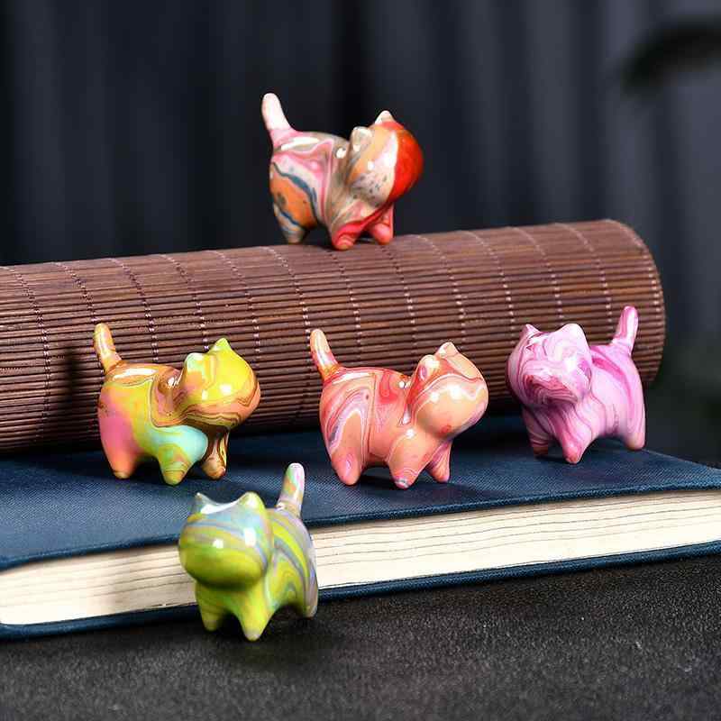 置物 猫 檀木製 紫檀 黒檀 緑檀 漆絵 マーブル 彩色 手描き インテリア オブジェ アジアンモダン アートトイ コレクション