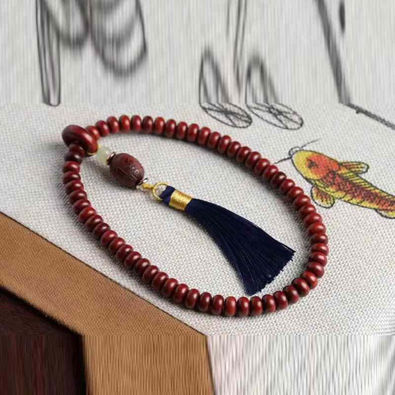 ブレスレット 男女兼用 小葉紫檀 算盤珠 サンダルウッド 木製 ウッドビーズ 数珠 フリンジ エスニック 民族調 アジアンテイスト お守り 開運 厄除け 瞑想