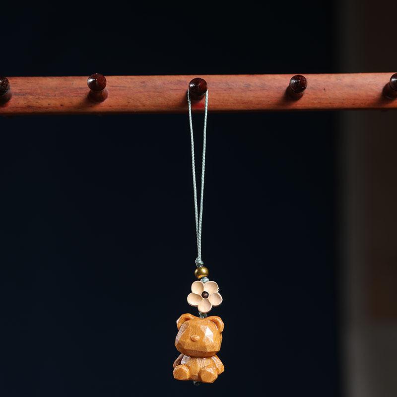 スマホストラップ ペア 白檀 ウッド ジルコニア クマ 花 キーホルダー バッグ チャーム DIY ハンドメイド 携帯電話 リュック