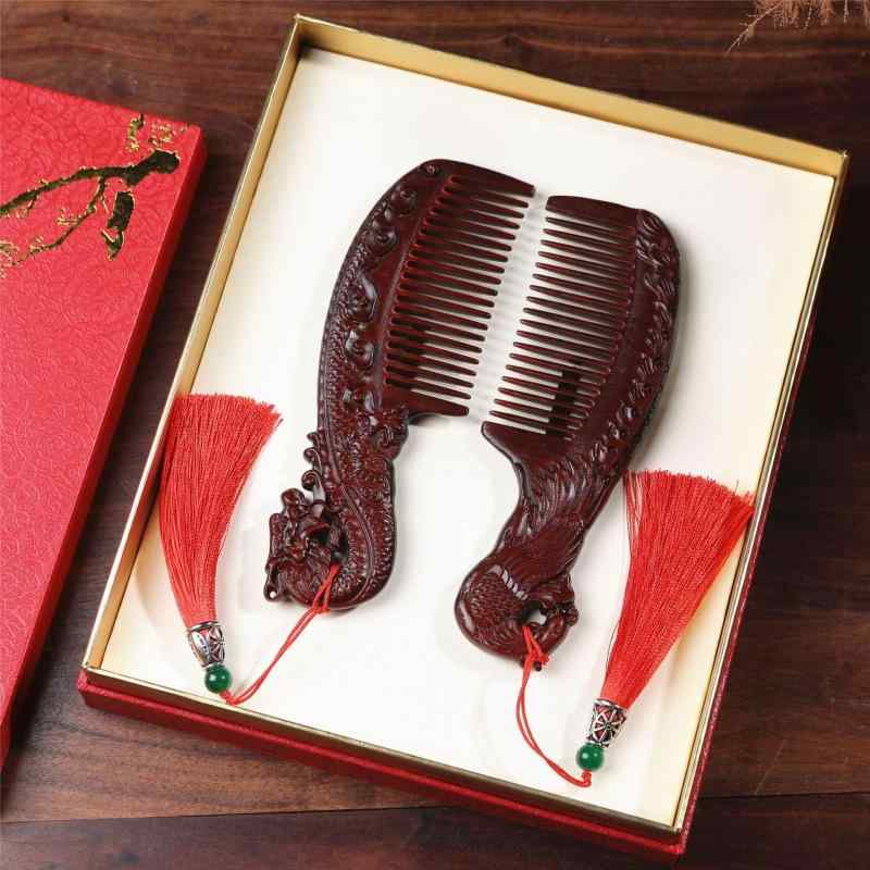 櫛 紫檀 紅木 龍鳳呈祥 頭皮マッサージ ヘアブラシ 高級感 天然木製 ギフトセット 結婚祝い 誕生日 母..