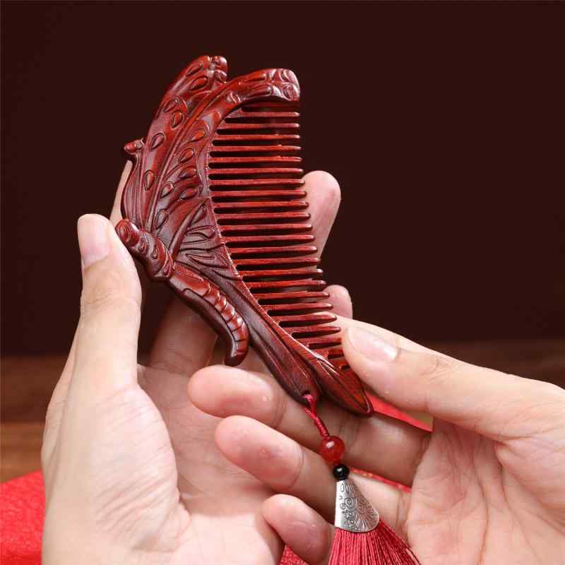 ヘアブラシ 簪 小葉紫檀 蝶々 花柄 彫刻 美髪 ヘアケア 伝統工芸 木製 結婚祝い ブライダルギフト 誕生..