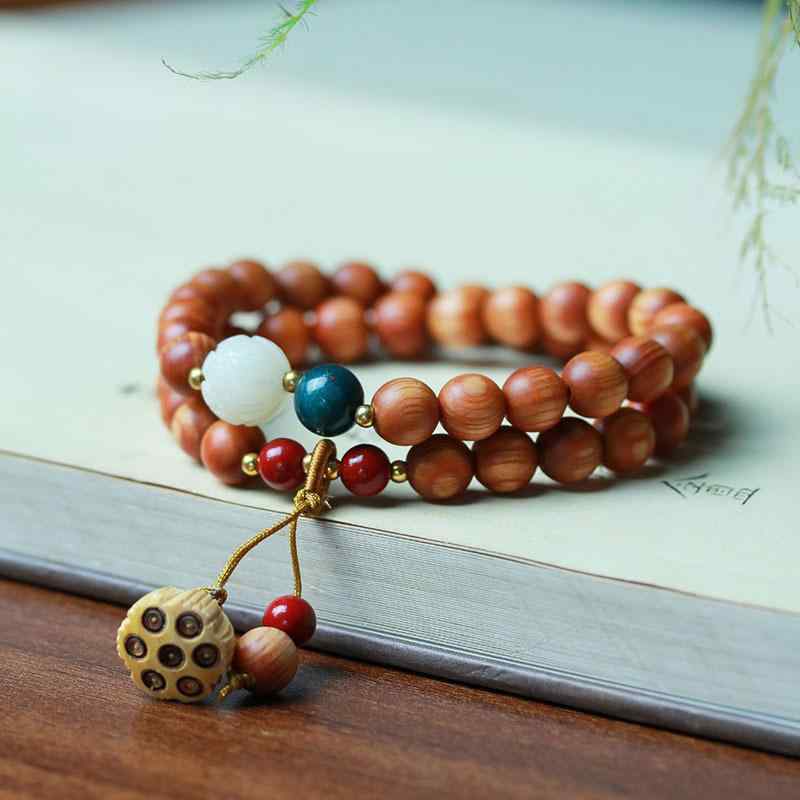 ブレスレット 男女兼用 木製 崖柏 古木材 黄楊 蓮の実 二重巻き 天然木 民族調 レトロ 開運 子孫繁栄 縁起物 オリジナル