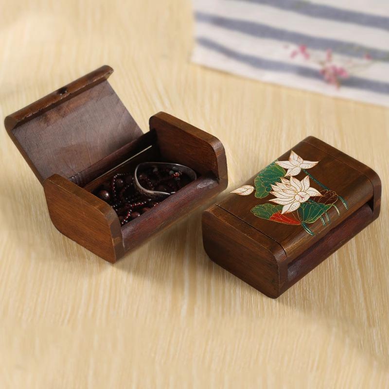 卓上収納ケース タイ製 チーク材 無垢材 木製 手描き花柄 彩色 デスクオーガナイザー 小物入れ 綿棒ケ..