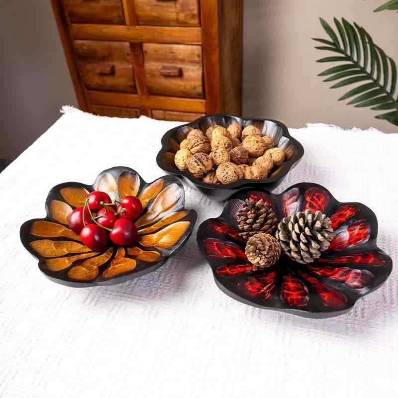 フルーツ皿 木製 無垢材 タイ製 リビング 中国風レトロ アンティーク調 上品 コーヒーテーブル用 お菓子 ドライフルーツ スナックボウル(3)