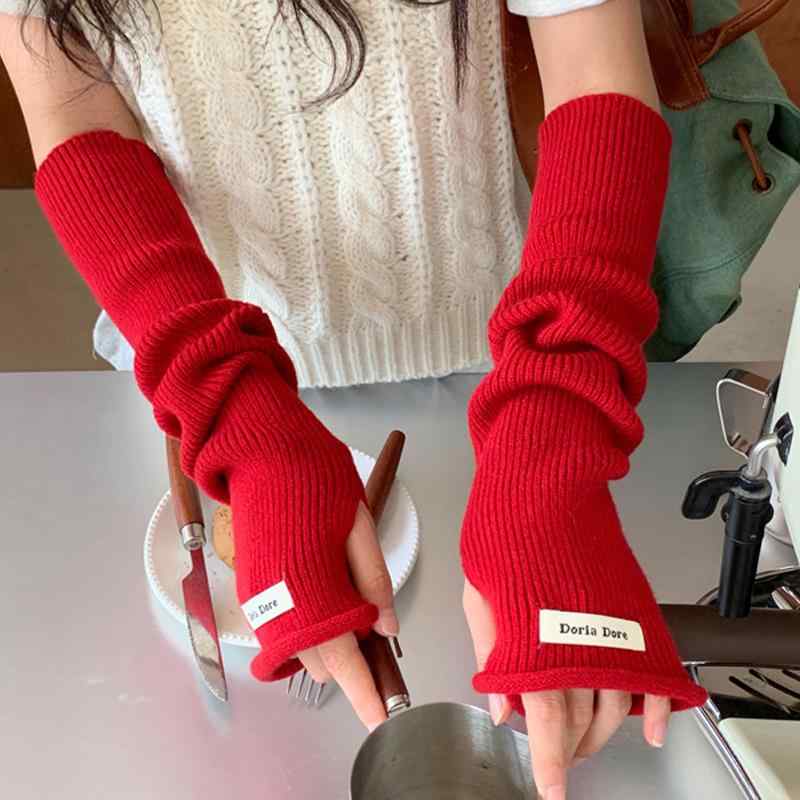 手袋 レディース 指なし ポリエステル ニット 長め 春秋冬 防寒 保温 タッチスクリーン対応 ルーズフィ..