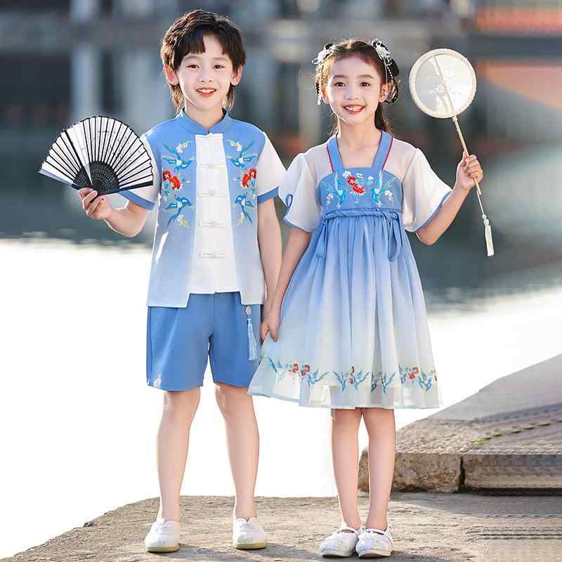 子供服 女の子 キッズ ジュニア 中国風 漢服 唐装 国学風 発表会 舞台 民族舞 ダンス イベント 衣装 ワンピース ドレス 綿 コットン 柔らか 夏