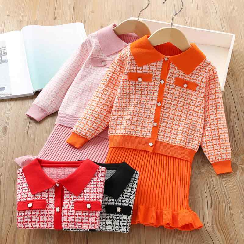 キッズ 女の子 ニット セーター 長袖 ジャンパースカート おしゃれ かわいい 上品 チェック柄 秋冬 2点セット アクリル 柔らか素材