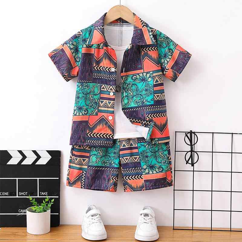 キッズ 男の子 半袖 襟付き 開襟 シャツ ショートパンツ 上下セット 夏 サマー 花柄 総柄 カラフル ビーチ リゾート カジュアル 薄手 ポリエステル 吸汗速乾 通気性 2点セット