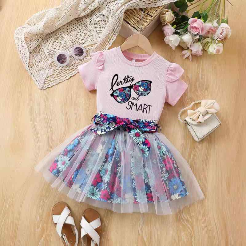 セットアップ 女の子 ガールズ 春夏 半袖 スカート ツーピース おしゃれ ファッション メガネ柄プリン..