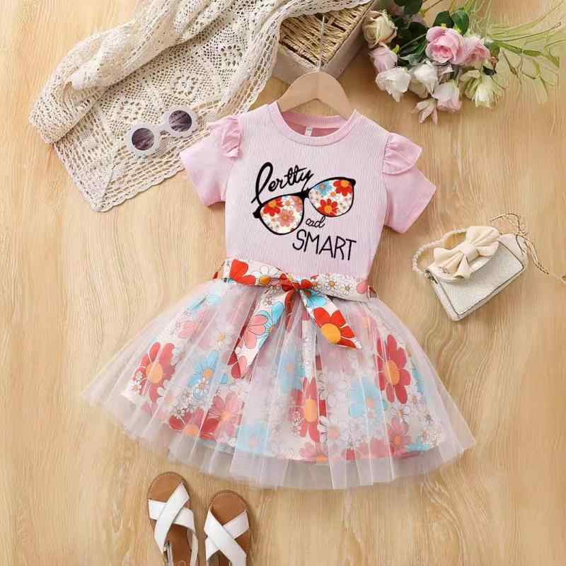 キッズ 女の子 夏 半袖 スカート セットアップ 花柄 メガネ柄プリント 薄手 かわいい カジュアル デイ..