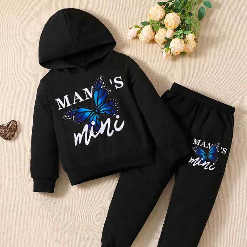 キッズ 女の子 長袖 フード付きスウェットパーカー 上下セット ロングパンツ 蝶々柄 カジュアル 普段使い 柔らか肌触り ポリエステル素材 春秋