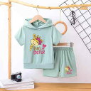 子供服 女の子 キッズ 夏服 半袖パーカー ショートパンツ 上下セット ロゴプリント フード付き 薄手 ポリエステル スポーツ カジュアル 部屋着 普段使い