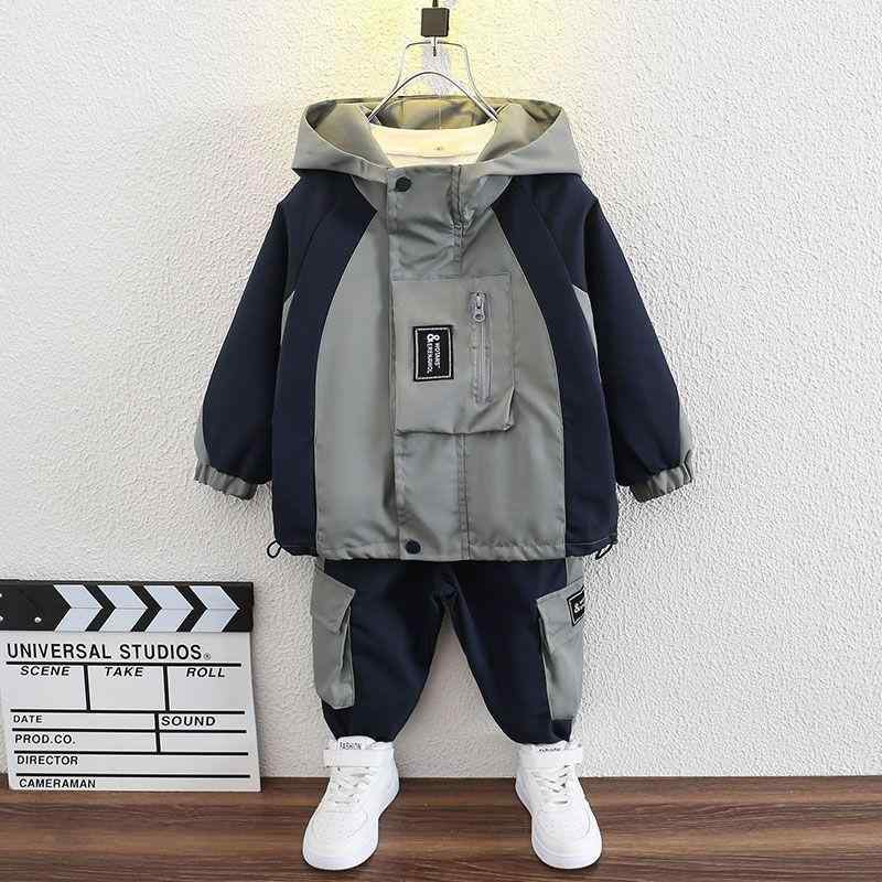 キッズ 男の子 スポーツウェア セットアップ 春秋 韓国風 ウィンドブレーカー アウター 長ズボン 2点セット ジップアップ ポリエステル 綿混紡 通学 グリーン グレー