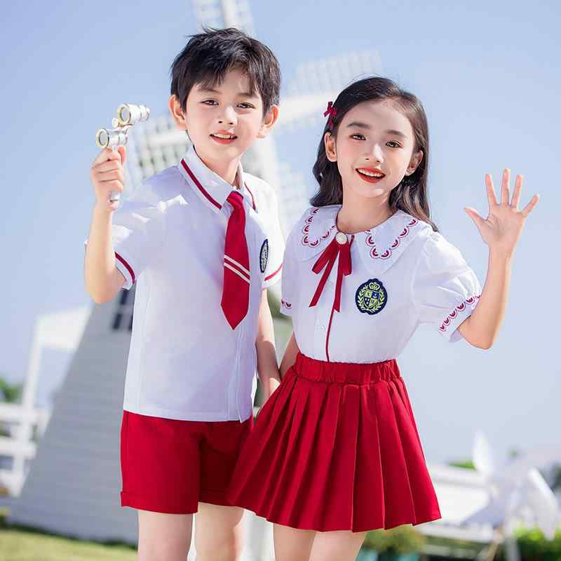 制服 女の子 キッズ 小学生 幼稚園 半袖 スカート セットアップ 春夏 英国風 学園風 綿 前ボタン スク..