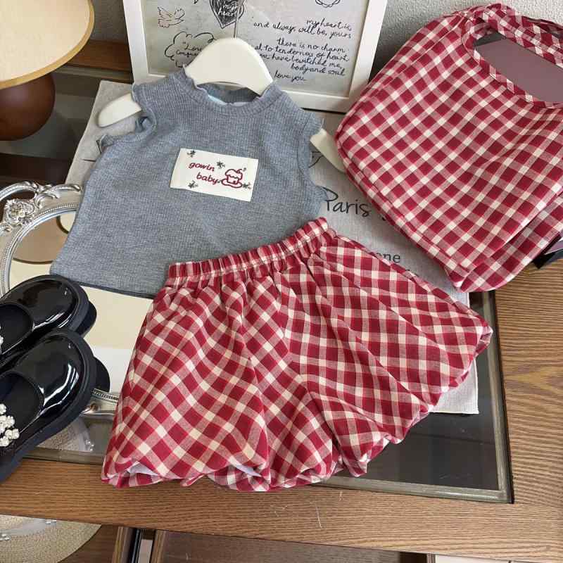 キッズ 女の子 セットアップ 夏服 カートゥーンプリント Tシャツ ショートパンツ 2点セット チェック柄..