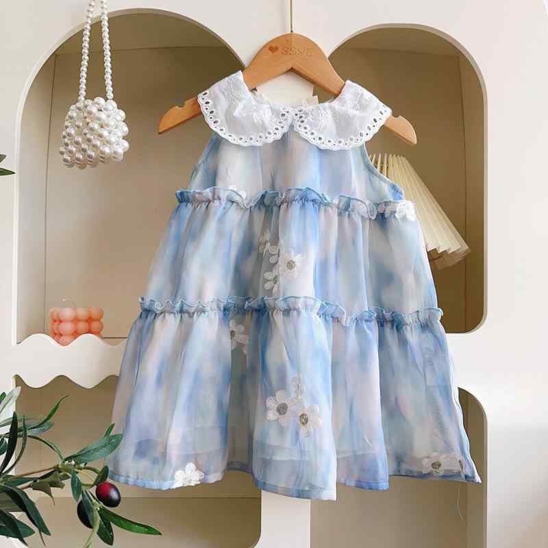 ワンピース 女の子 キッズ ガールズ 花柄刺繍 ジャカード レース ノースリーブ プリンセスドレス Aライン ポリエステル フォーマル お呼ばれ 発表会 夏 ブルー 韓国風