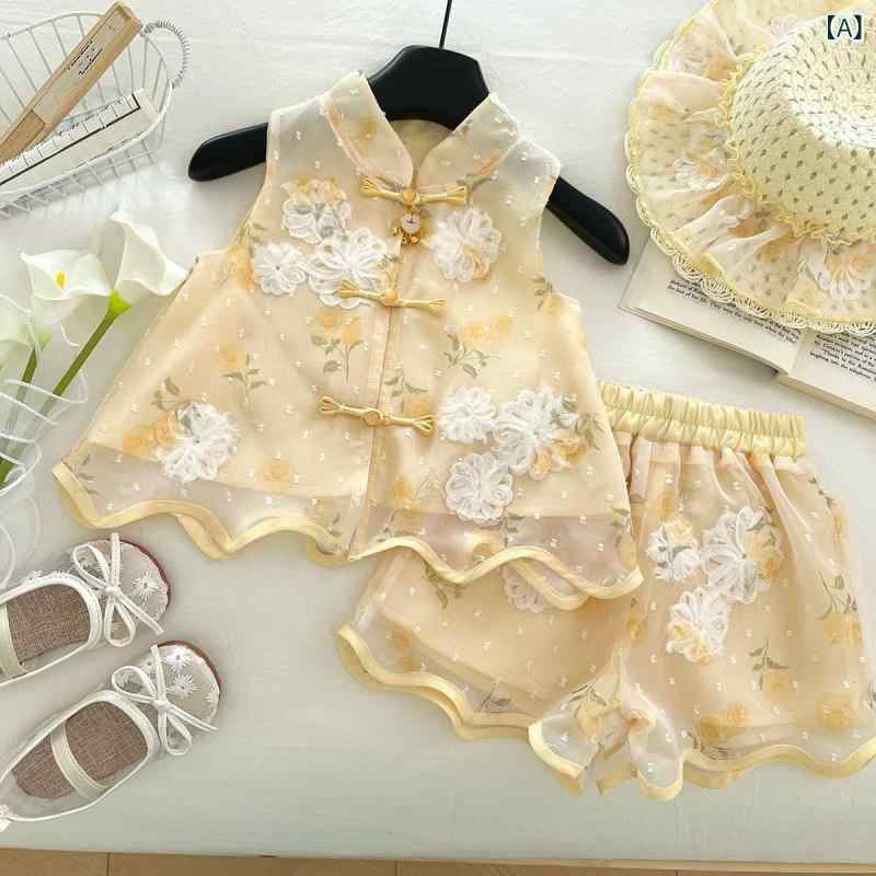 キッズ 女の子 ベビー 夏 セットアップ 中国風 ベスト 花柄 レース ショートパンツ ポリエステル 薄手 柔らか素材 カジュアル お出かけ