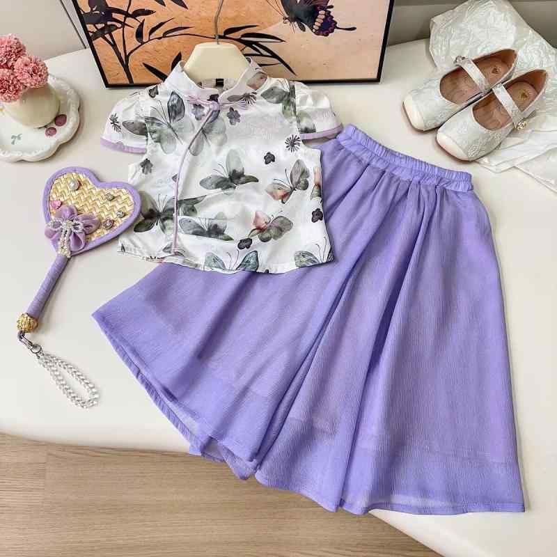 セットアップ 女の子 ガールズ 夏 薄手 ポリエステル 新中華風 花柄プリント ベスト トップス ワイドパンツ 2点セット レトロデザイン 涼しい 普段使い お出かけ