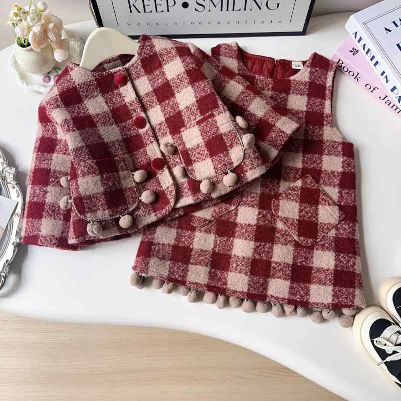 キッズ 女の子 セットアップ 厚手 秋冬 クラシカル 上品 チェック柄 レッド系 ジャケット ジャンパースカート ポリエステル お出かけ 普段使い 幼稚園 小学生 2点セット